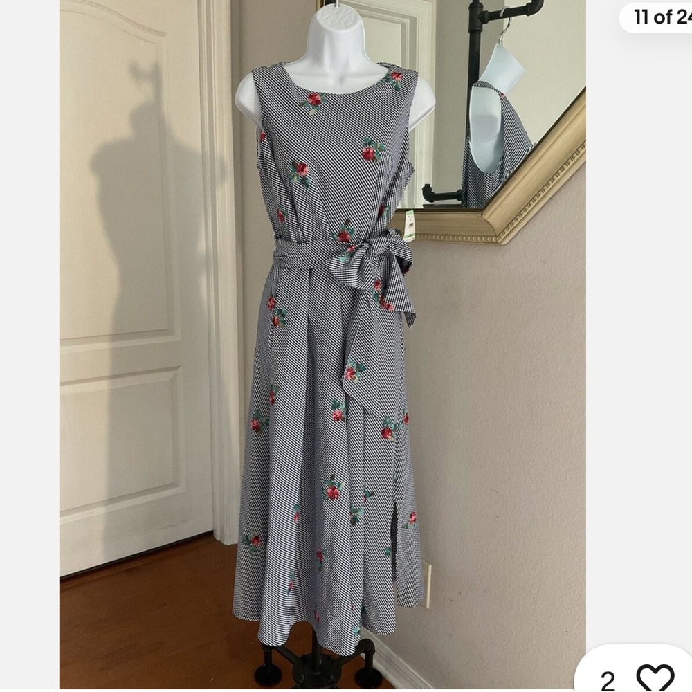 Ann Klein Attached Sash Tie Waist Embroidered Blue Check Lined Dress Size 10